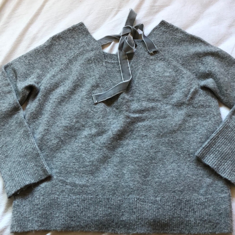 Gray JCrew Sweater with Velvet Back Tie